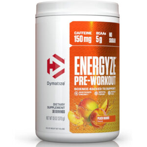 Dymatize Energyze Pre Workout Powder For Men And Women, Peach Mango, 150mg Caffeine, 5g BCAAs, 30 Servings